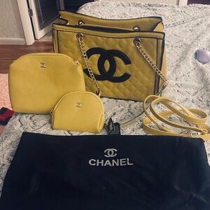 Authentic CHANEL Caviar Leather Tote Gold Tone Chain Shoulder Bag A999# Yellow
